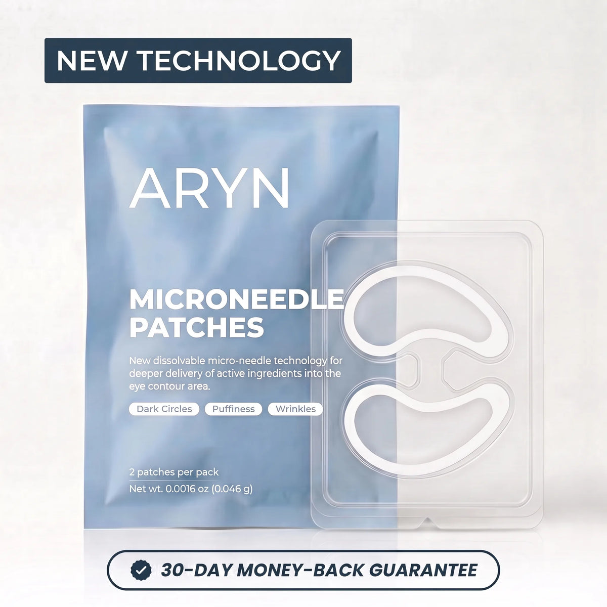 ARYN microneedle eye patches pack and tray